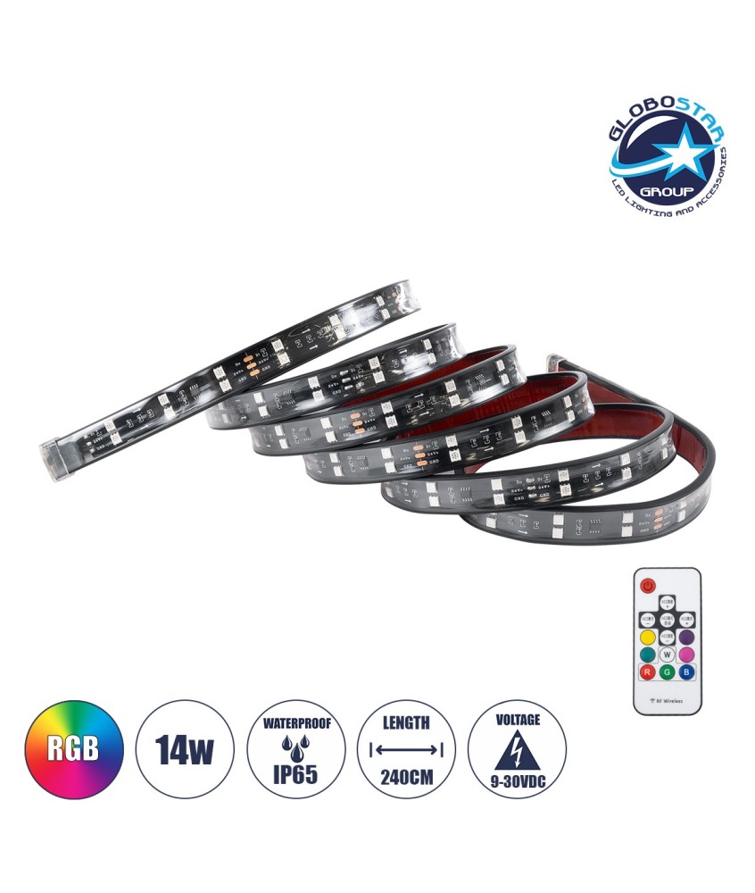 GloboStar® 81736 Car Backlit LED Strip Εύκαμπτη Ταινία 240cm Σήμανσης DRL Αυτοκινήτου με Ασύρματο Χειριστήριο IR LED SMD 5050 14W DC 9-30V Αδιάβροχη IP65 RGB - 2 Χρόνια Εγγύηση
